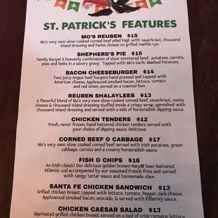 St. Patrick&apos;s Day Menu