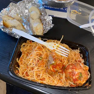 Spaghetti and Meatballs with Fried Mozzarella Sticks