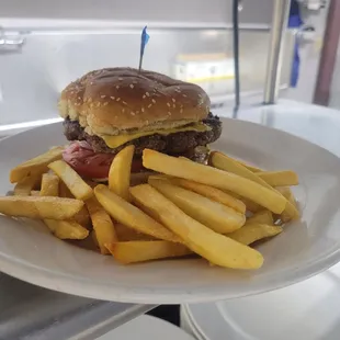a hamburger and fries on a plate