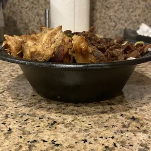 12/10/23 (sun): Large Combo Bowl - Beef &amp; Chicken. Side View. Rice to protein ratio 2:1
