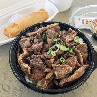 Teriyaki beef bowl (small) with 1 order of egg roll. It was ok this time. Beef was a tad dry.