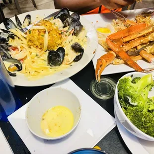 Crab legs, crabcake alfredo, etc.