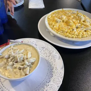 Awesome mac and cheese with lump crab meat   Cream of Crab Soup with lump crab meat
