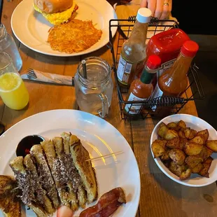 Breakfast sandwich, Nutella &amp; bacon French toast, and breakfast potatoes