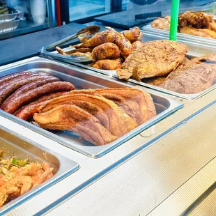 Pork belly, sausage, tilapia, chicken wings, salt and pepper shrimp.