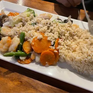 Shrimp, rice and vegetables.