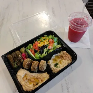 Delicious veggie platter with fresh pomegranate juice!