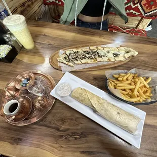 Doner Kebab wrap, Mushroom Pide, French Fries, &amp; Turkish Coffee