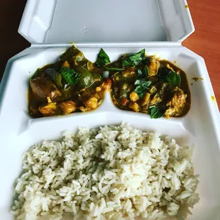a meal in a styrofoam container