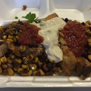 Chicken rice bowl with salsa and spicy ranch