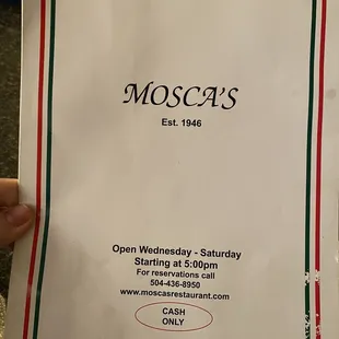 Hours. Contact. Cash only.