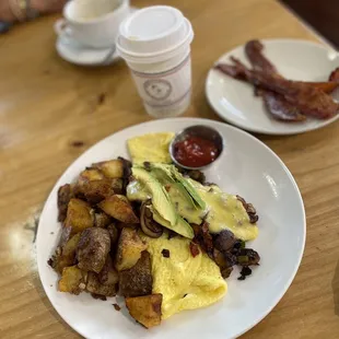 an omelet with bacon and avocado