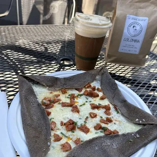 Iced nitro coffee and a chorizo egg and cheese crepe.