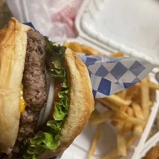 a hamburger and french fries