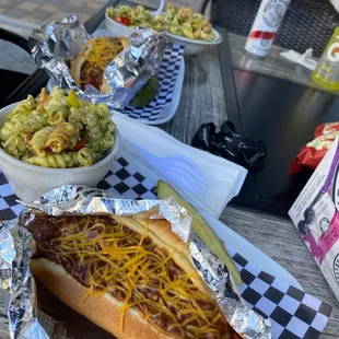 Chili Cheese Dog, pesto pasta salad