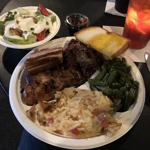 A little bit of everything from the BBQ buffet - chicken, ham, pulled pork, potato casserole, green beans, Texas toast (regular bread) salad