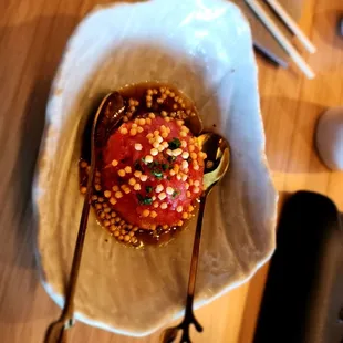 Taro tartar has many flavors and textures. I really like the crunchiness of the rice cracker-like.