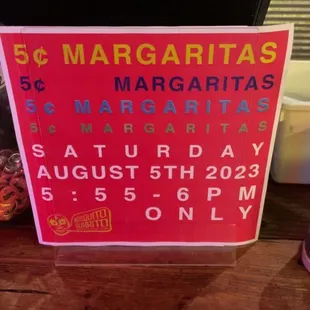 5 cent margs for 5 minutes on the 5th of every month!!