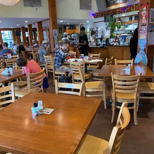 people sitting at tables in a restaurant