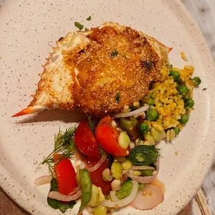 Stuffed crab, bean salad.