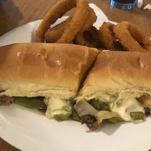 Philly cheesesteaks w onion rings