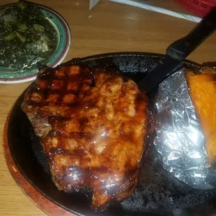 Pork Chop with Sweet Potato and Turnip Greens