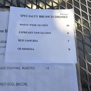 Brunch Drink menu. Sunday 10-4