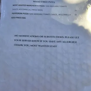 Back of brunch menu. Sunday 10-4