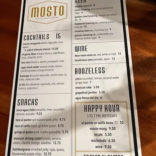the menu for the mosto
