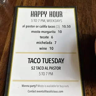 Happy Hour menu