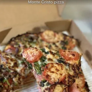 a hand holding a slice of pizza