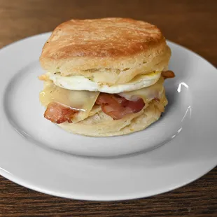 Biscuit sandwich with egg, cheese, and bacon