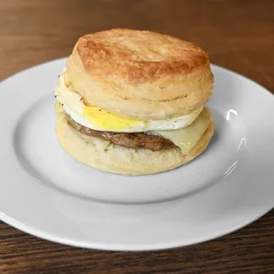 Biscuit sandwich with egg, cheese, and sausage