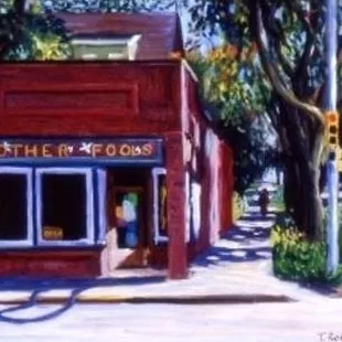 a painting of a street corner