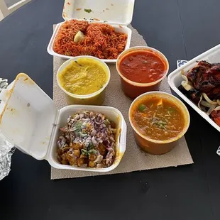 garlic naan, 2 Vegetable Samosa with Channa, Tarka Daal, Chicken Biryani, Punjabi Chicken Masala, Karahi Paneer, Tandoori Chicken