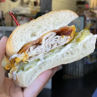 a person holding a sandwich