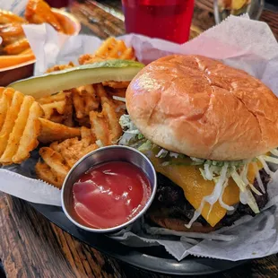 Mother&apos;s Double Cheeseburger - Cheddar, diner onions, special sauce, pickles, lettuce, old bay waffle fries