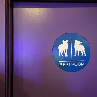 a bathroom door with a blue and white sign