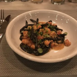 Squid ink tonnarelli,uni,N.C.Shrimp,fennel,green onion