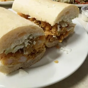 Close up of shrimp &amp; oysters poboy