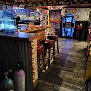 the inside of a bar with stools