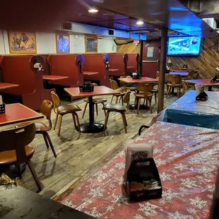 empty tables and chairs in a restaurant