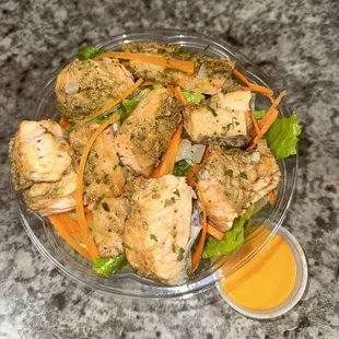 Salmon bites salad have it steamed grilled or fried