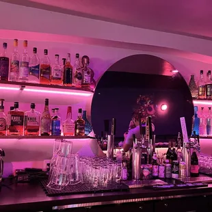 a woman behind a bar counter