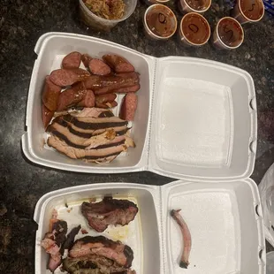 Too to bottom: Sauces, pulled pork, original sausage, turkey, ribs, and brisket.