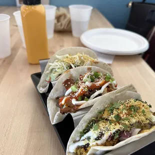 Samosa Smash Taco, Butter Masala Paneer Taco, and 3 Tacos