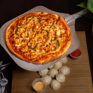  a pizza on a pizza stone