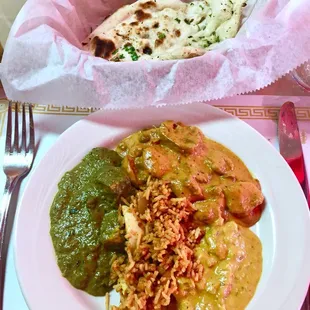 2nd plate - Saag Paneer, Mushroom Mattar Makhani, Moti Mahal Korma &amp; Egg Biriyani. (I like veggie dishes more)  8/18/18
