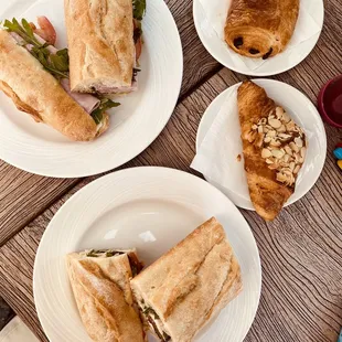 chicken and ham sandwiches with chocolate and almond croissants