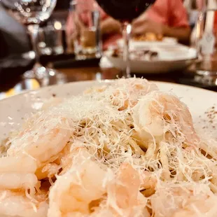 Cacio e pepe Pecorino Romano with sautéed shrimp